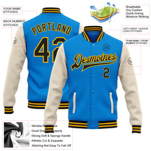 Load image into Gallery viewer, Custom Electric Blue Black Cream-Gold Bomber Full-Snap Varsity Letterman Two Tone Jacket
