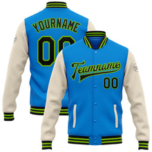 Load image into Gallery viewer, Custom Electric Blue Black Cream-Neon Green Bomber Full-Snap Varsity Letterman Two Tone Jacket
