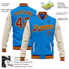 Загрузить изображение в средство просмотра галереи, Custom Powder Blue Crimson Cream-Gold Bomber Full-Snap Varsity Letterman Two Tone Jacket
