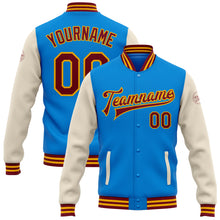 Загрузить изображение в средство просмотра галереи, Custom Powder Blue Crimson Cream-Gold Bomber Full-Snap Varsity Letterman Two Tone Jacket
