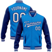 Load image into Gallery viewer, Custom Electric Blue White-Royal Bomber Full-Snap Varsity Letterman Two Tone Jacket
