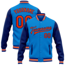 Load image into Gallery viewer, Custom Powder Blue Orange-Royal Bomber Full-Snap Varsity Letterman Two Tone Jacket
