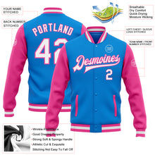 Laden Sie das Bild in den Galerie-Viewer, Custom Powder Blue White-Pink Bomber Full-Snap Varsity Letterman Two Tone Jacket
