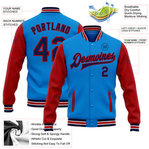 Custom Powder Blue Navy-Red Bomber Full-Snap Varsity Letterman Two Tone Jacket