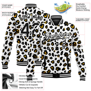 Custom White Black Leopard Print 3D Pattern Design Bomber Full-Snap Varsity Letterman Jacket