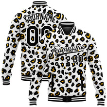 Load image into Gallery viewer, Custom White Black Leopard Print 3D Pattern Design Bomber Full-Snap Varsity Letterman Jacket
