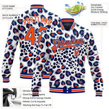 Load image into Gallery viewer, Custom White Orange-Royal Leopard Print 3D Pattern Design Bomber Full-Snap Varsity Letterman Jacket
