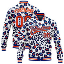 Load image into Gallery viewer, Custom White Orange-Royal Leopard Print 3D Pattern Design Bomber Full-Snap Varsity Letterman Jacket
