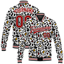 Laden Sie das Bild in den Galerie-Viewer, Custom White Red-Black Bright Leopard Print 3D Pattern Design Bomber Full-Snap Varsity Letterman Jacket
