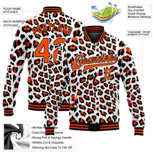 Custom White Orange-Black Leopard Print 3D Pattern Design Bomber Full-Snap Varsity Letterman Jacket