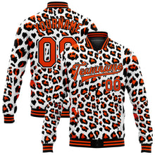 Load image into Gallery viewer, Custom White Orange-Black Leopard Print 3D Pattern Design Bomber Full-Snap Varsity Letterman Jacket
