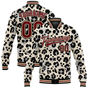 Custom City Cream Crimson-Black Leopard Print 3D Pattern Design Bomber Full-Snap Varsity Letterman Jacket