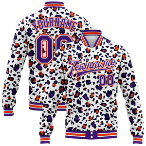 Custom White Purple-Orange Leopard Print 3D Pattern Design Bomber Full-Snap Varsity Letterman Jacket