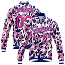 Загрузить изображение в средство просмотра галереи, Custom White Pink-Royal Leopard Print 3D Pattern Design Bomber Full-Snap Varsity Letterman Jacket
