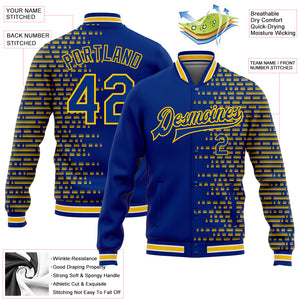 Custom Royal Yellow Halftone 3D Pattern Design Bomber Full-Snap Varsity Letterman Jacket