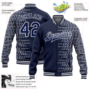 Custom Navy White Halftone 3D Pattern Design Bomber Full-Snap Varsity Letterman Jacket