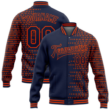 Custom Navy Orange Halftone 3D Pattern Design Bomber Full-Snap Varsity Letterman Jacket