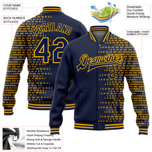 Load image into Gallery viewer, Custom Navy Gold Halftone 3D Pattern Design Bomber Full-Snap Varsity Letterman Jacket
