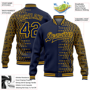 Custom Navy Gold Halftone 3D Pattern Design Bomber Full-Snap Varsity Letterman Jacket