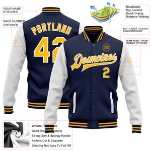 Custom Navy Gold-White Bomber Full-Snap Varsity Letterman Two Tone Jacket