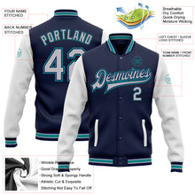 Загрузить изображение в средство просмотра галереи, Custom Navy Gray White-Teal Bomber Full-Snap Varsity Letterman Two Tone Jacket
