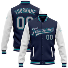 Загрузить изображение в средство просмотра галереи, Custom Navy Gray White-Teal Bomber Full-Snap Varsity Letterman Two Tone Jacket
