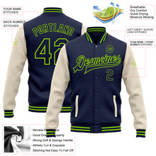 Загрузить изображение в средство просмотра галереи, Custom Navy Cream-Neon Green Bomber Full-Snap Varsity Letterman Two Tone Jacket
