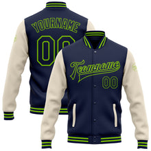 Загрузить изображение в средство просмотра галереи, Custom Navy Cream-Neon Green Bomber Full-Snap Varsity Letterman Two Tone Jacket
