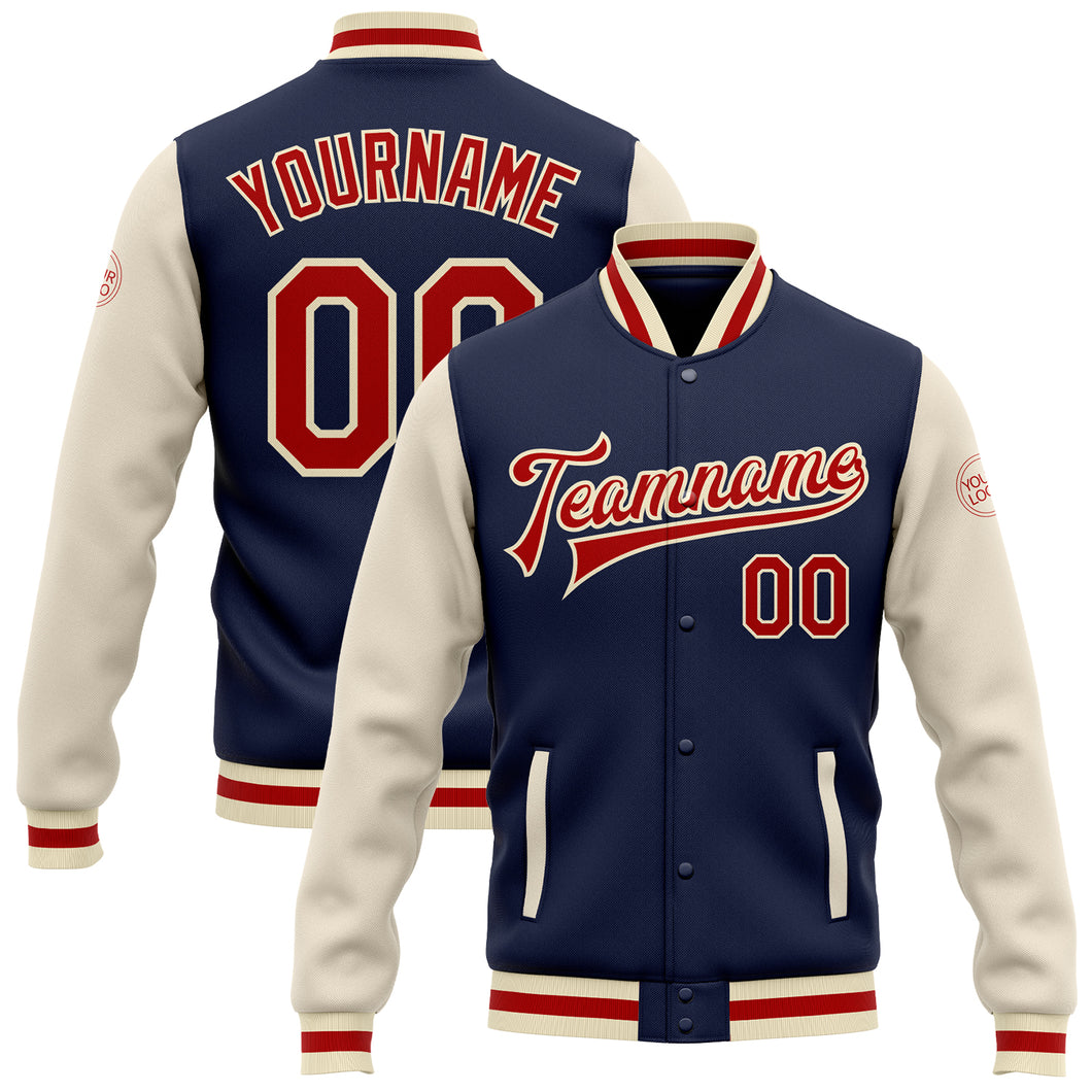 Custom Navy Red-Cream Bomber Full-Snap Varsity Letterman Two Tone Jacket