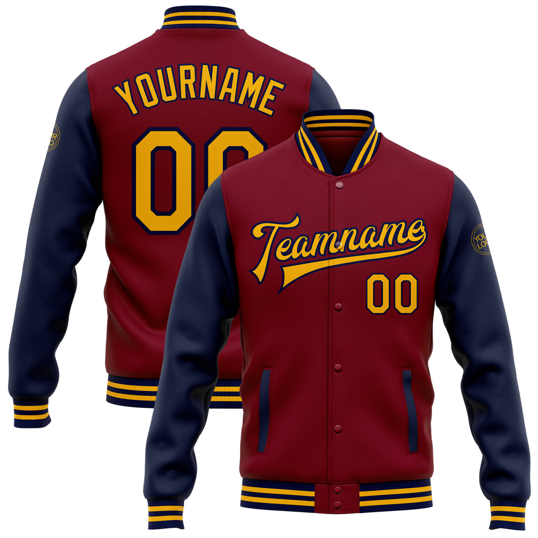 Custom Crimson Gold-Navy Bomber Full-Snap Varsity Letterman Two Tone Jacket