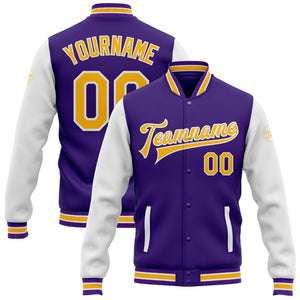 Custom Purple Gold-White Bomber Full-Snap Varsity Letterman Two Tone Jacket