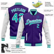 Загрузить изображение в средство просмотра галереи, Custom Purple Aqua-White Bomber Full-Snap Varsity Letterman Two Tone Jacket
