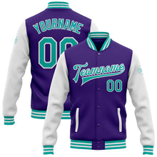 Загрузить изображение в средство просмотра галереи, Custom Purple Aqua-White Bomber Full-Snap Varsity Letterman Two Tone Jacket
