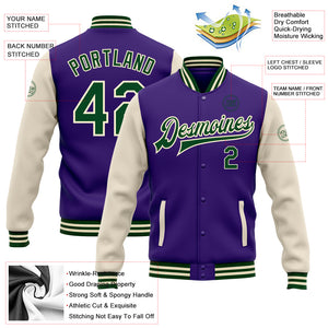 Custom Purple Green-Cream Bomber Full-Snap Varsity Letterman Two Tone Jacket