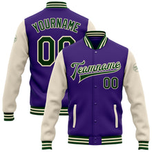 Загрузить изображение в средство просмотра галереи, Custom Purple Green-Cream Bomber Full-Snap Varsity Letterman Two Tone Jacket
