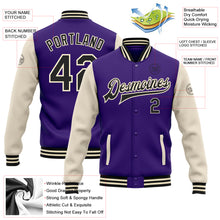 Laden Sie das Bild in den Galerie-Viewer, Custom Purple Black-Cream Bomber Full-Snap Varsity Letterman Two Tone Jacket
