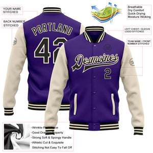 Custom Purple Black-Cream Bomber Full-Snap Varsity Letterman Two Tone Jacket