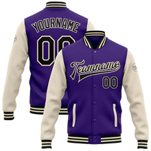 Laden Sie das Bild in den Galerie-Viewer, Custom Purple Black-Cream Bomber Full-Snap Varsity Letterman Two Tone Jacket
