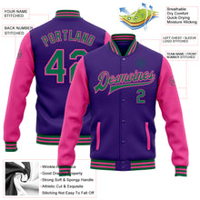 Laden Sie das Bild in den Galerie-Viewer, Custom Purple Kelly Green-Pink Bomber Full-Snap Varsity Letterman Two Tone Jacket
