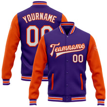 Laden Sie das Bild in den Galerie-Viewer, Custom Purple White-Orange Bomber Full-Snap Varsity Letterman Two Tone Jacket
