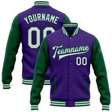 Laden Sie das Bild in den Galerie-Viewer, Custom Purple White-Kelly Green Bomber Full-Snap Varsity Letterman Two Tone Jacket
