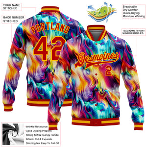 Custom Red Gold Abstract Rainbow Liquid Trippy 3D Pattern Design Bomber Full-Snap Varsity Letterman Jacket