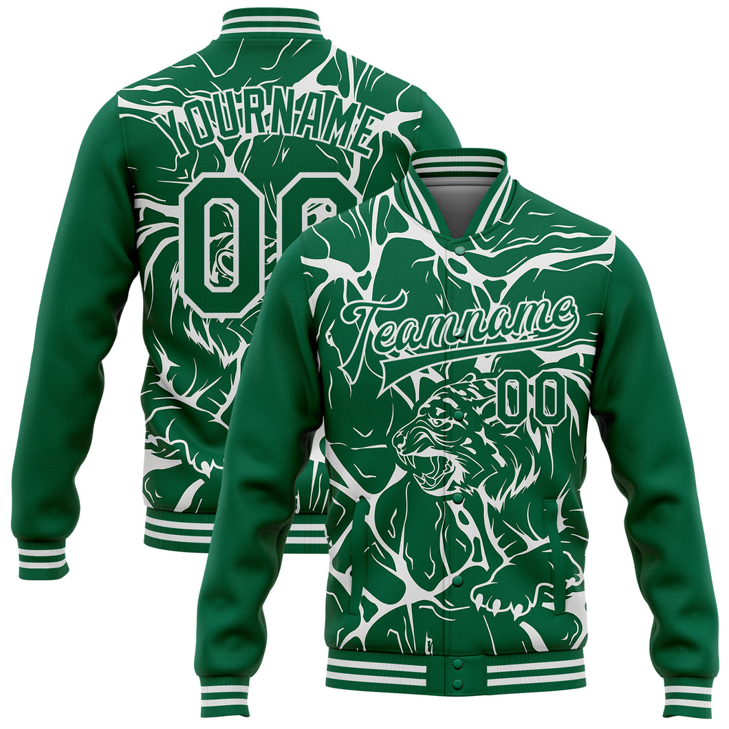 Custom Kelly Green White Abstract Network And Tiger 3D Pattern Design Bomber Full-Snap Varsity Letterman Jacket