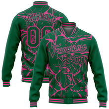 Load image into Gallery viewer, Custom Kelly Green Pink Abstract Network And Tiger 3D Pattern Design Bomber Full-Snap Varsity Letterman Jacket
