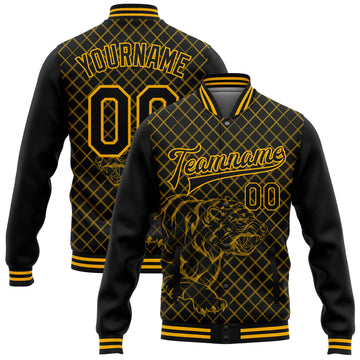 Custom Black Gold Check And Tiger 3D Pattern Design Bomber Full-Snap Varsity Letterman Jacket