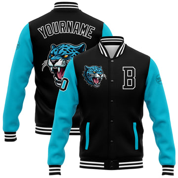 Custom Black Lakes Blue-White 3D Pattern Design Bomber Full-Snap Varsity Letterman Jacket