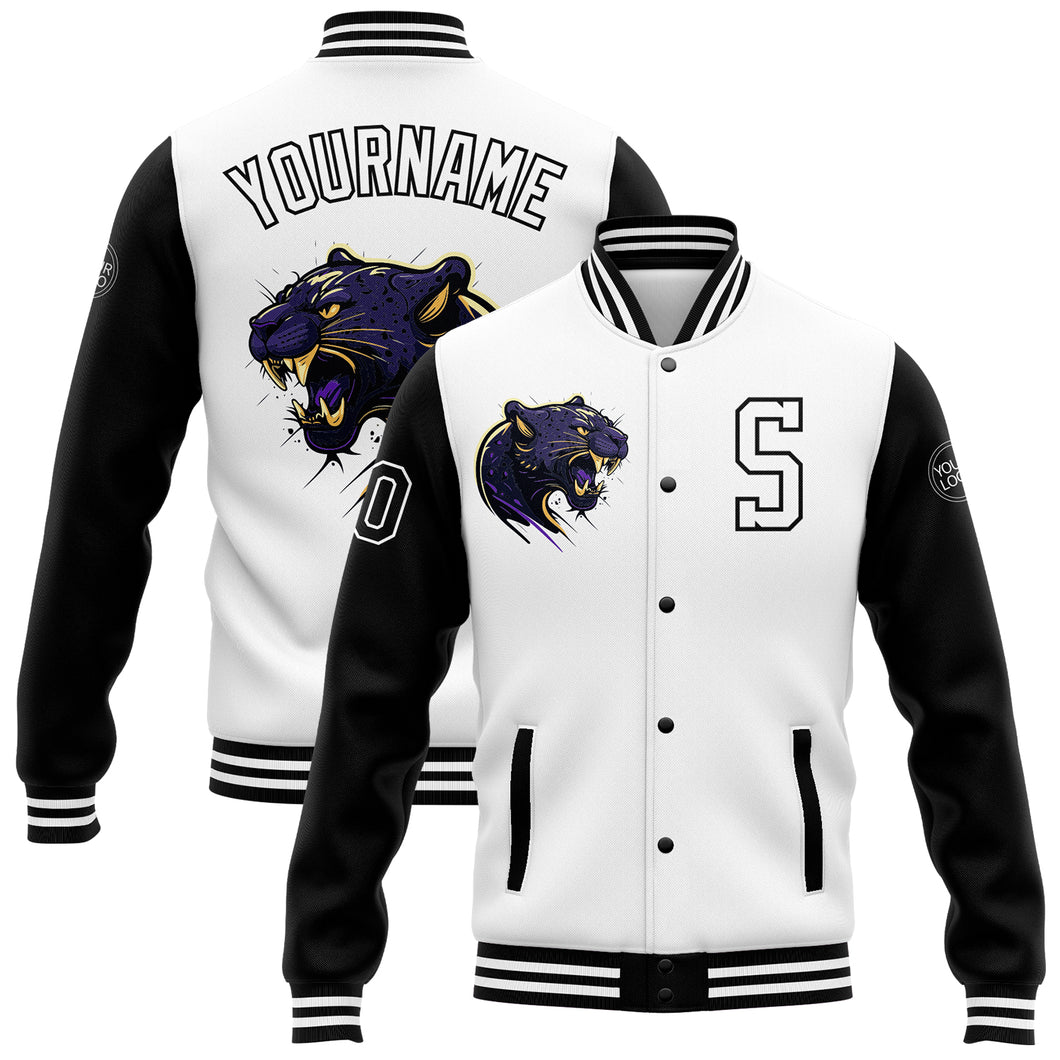 Custom White Black 3D Pattern Design Bomber Full-Snap Varsity Letterman Jacket