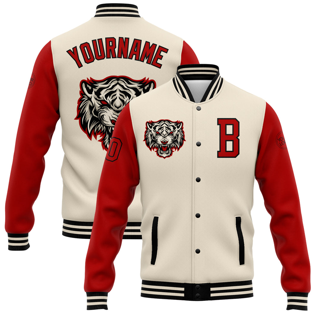 Custom Cream Red-Black 3D Pattern Design Bomber Full-Snap Varsity Letterman Jacket