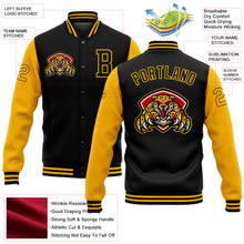 Загрузить изображение в средство просмотра галереи, Custom Black Gold 3D Pattern Design Bomber Full-Snap Varsity Letterman Jacket
