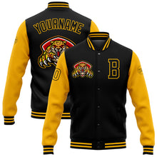 Load image into Gallery viewer, Custom Black Gold 3D Pattern Design Bomber Full-Snap Varsity Letterman Jacket
